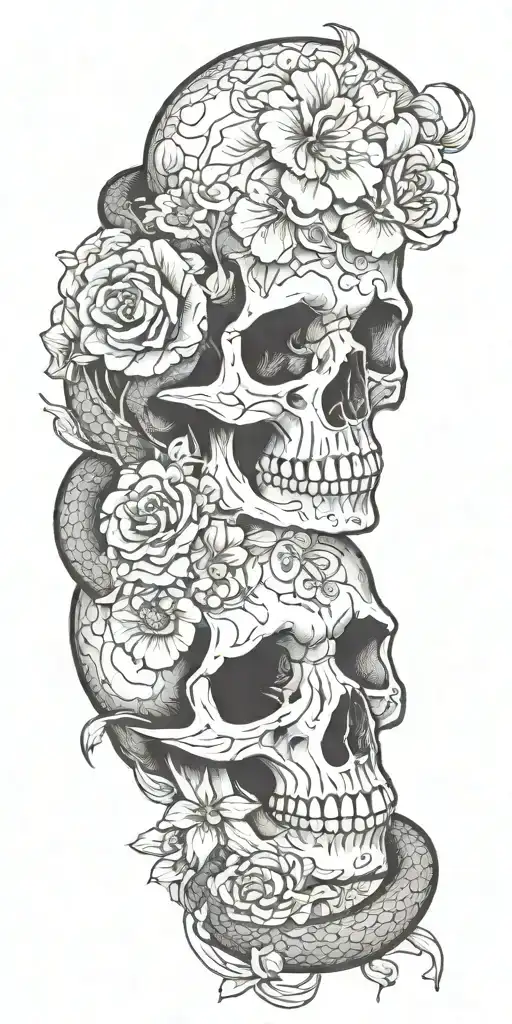 Snake Going Through A Skull With Flowers