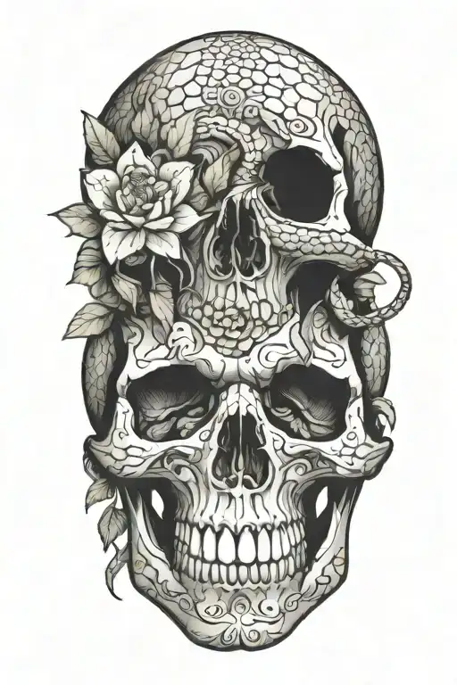 Snake Going Through A Skull And Flowers