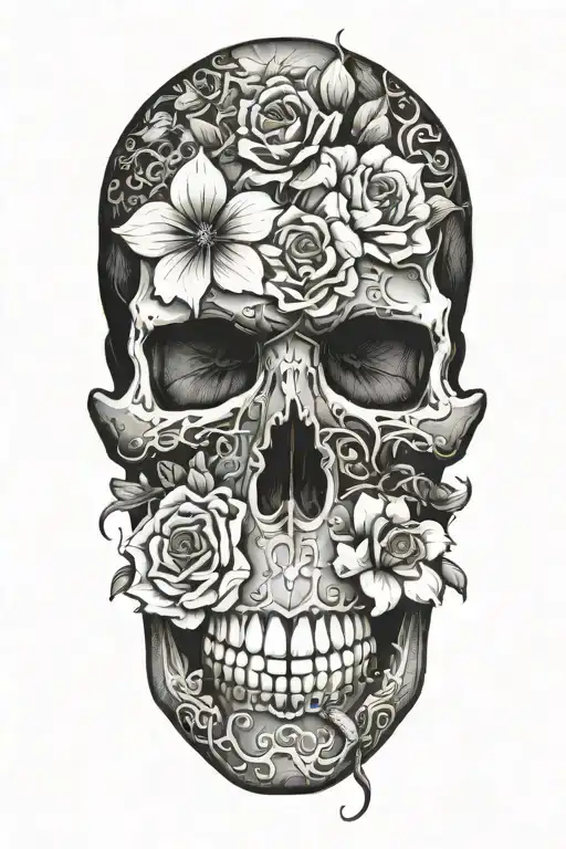 Snake Going Through A Skull And Flowers