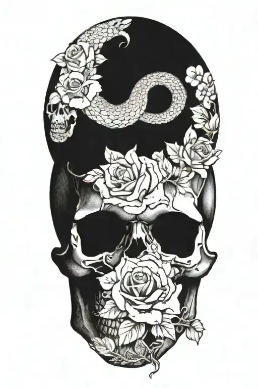 Snake Going Through A Skull And Flowers