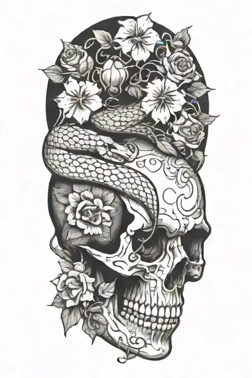 Snake Going Through A Skull And Flowers