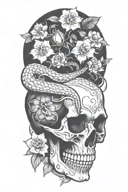 Snake Going Through A Skull And Flowers