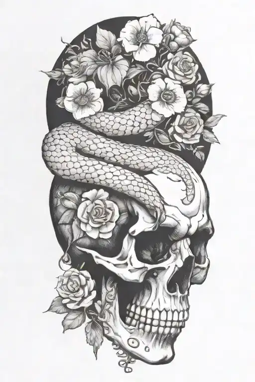 Snake Going Through A Skull And Flowers