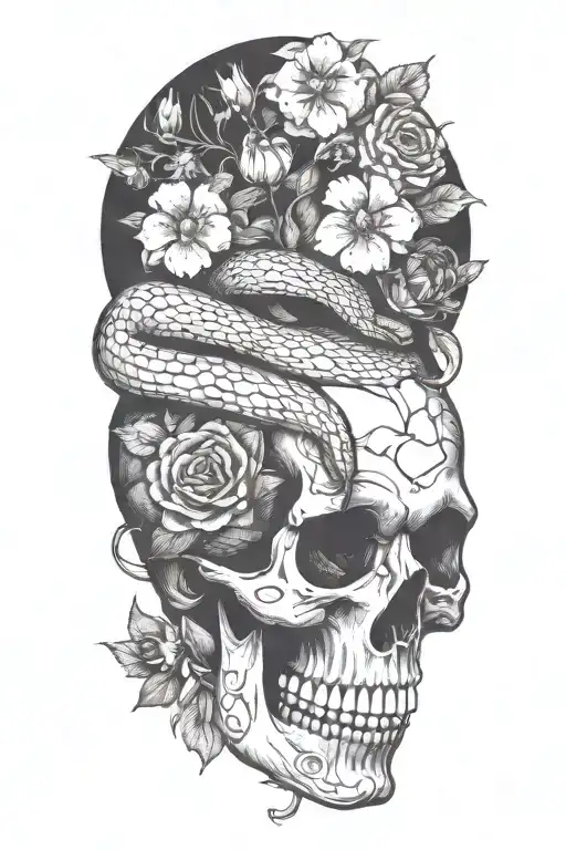 Snake Going Through A Skull And Flowers