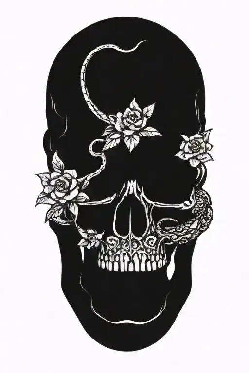 Snake Going Around A Skull And Flowers