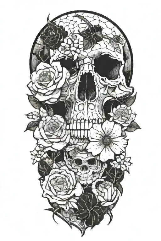 Snake Going Around A Skull And Flowers