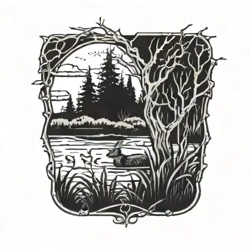 Hare In The Marsh Scenery Tattoo Featuring Dead Tree With Creeping Vines