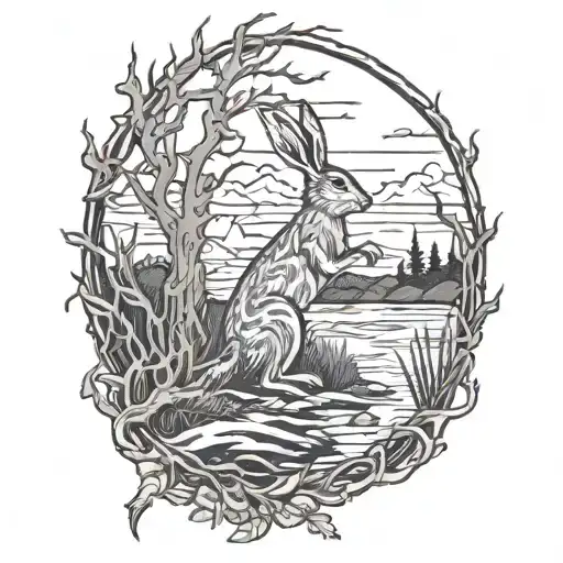 Burning Hare In The Ocean Marsh Scenery Tattoo Featuring Dead Tree With Creeping Vine