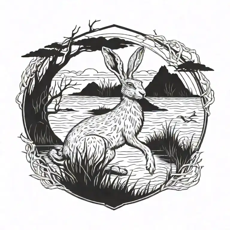 Burning Hare In The Ocean Marsh Scenery Tattoo Featuring Dead Tree In Front Of A Black Background