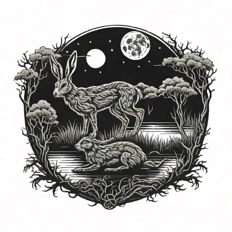 Burning Hare In The Ocean Marsh Scenery Tattoo Featuring Dead Tree In Front Of A Black Night Sky