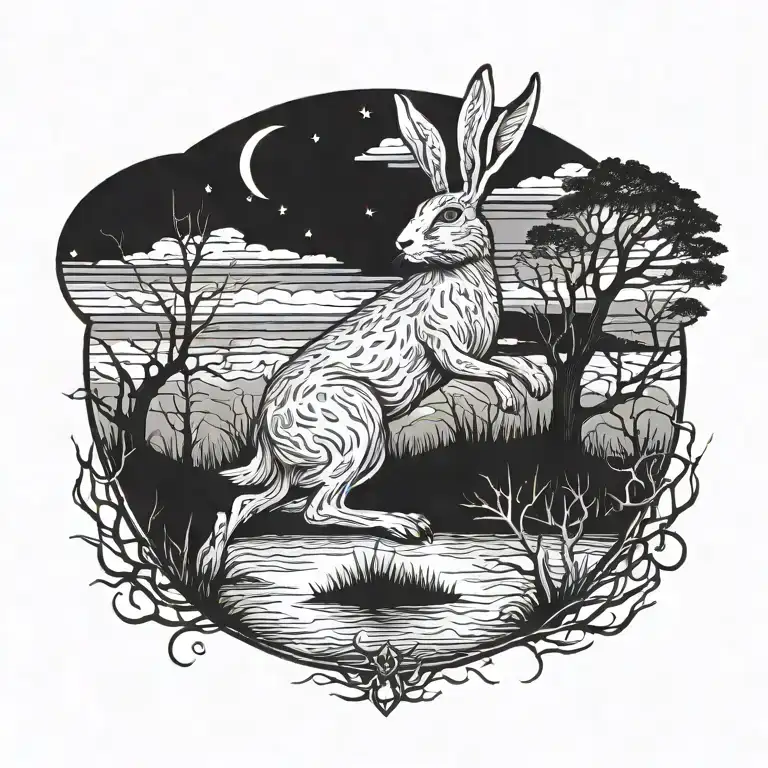 Burning Hare In The Ocean Marsh Scenery Tattoo Featuring Dead Tree In Front Of A Black Night Sky