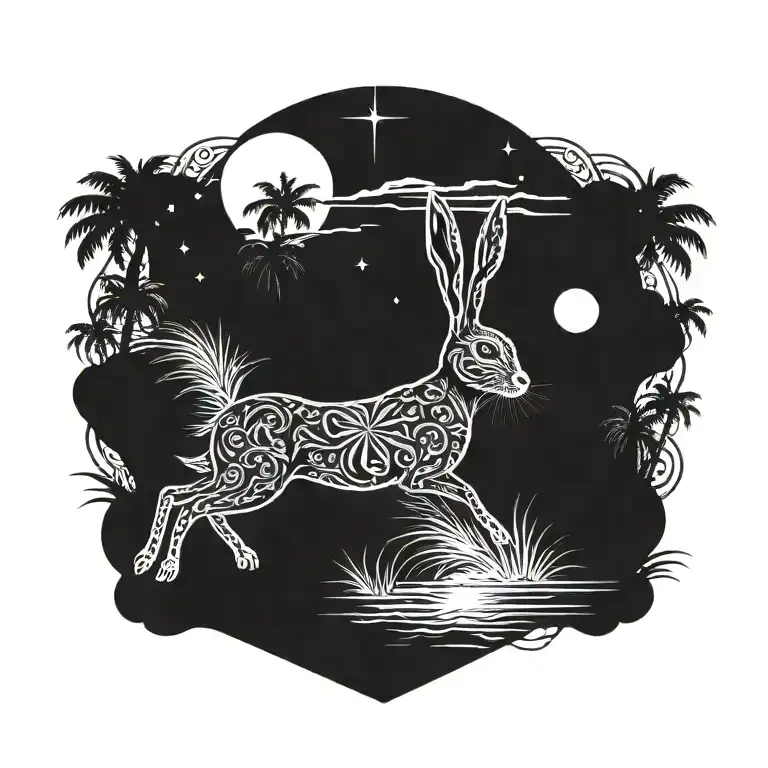 Burning Hare In The Ocean Marsh Scenery Tattoo Featuring Palm Tree In Front Of A Black Night Sky