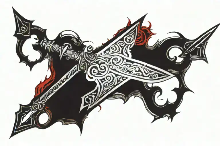 Create A Worn Sword-themed Tattoo Idea In Red And Black Colors