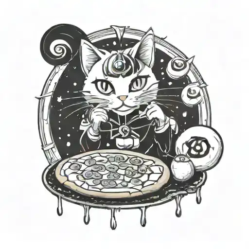 A Cat Dressed As Sailor Moon Making Pizza In A Blackwork Style