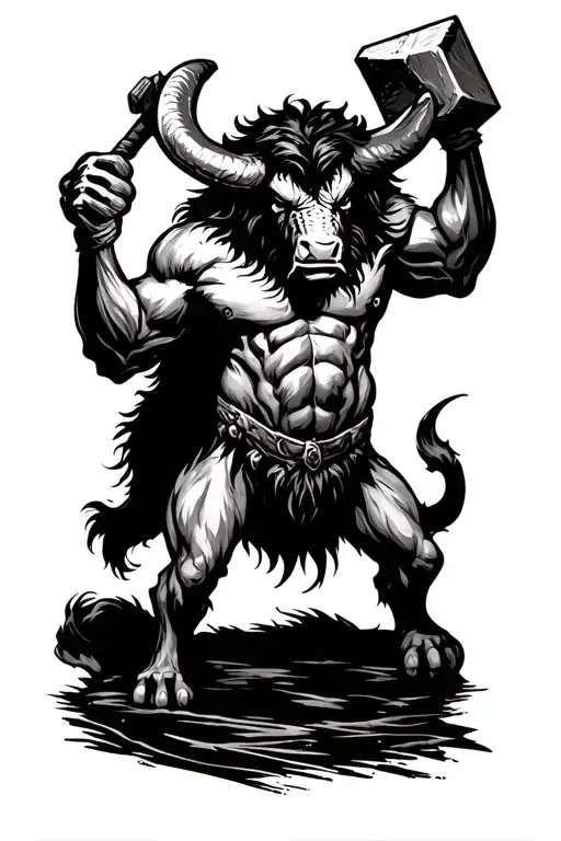 Classic Minataur Guarding Standing On 2 Legs With Hammer Angry