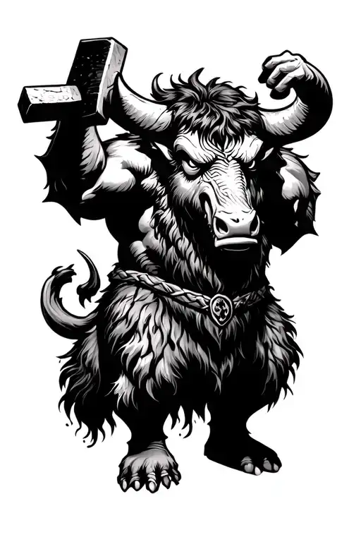 Classic Minataur Guarding Standing On 2 Legs With Hammer Angry Proud