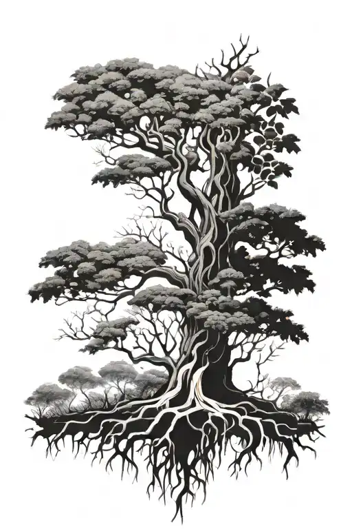 Tall Tree With Thick Foliage And The Roots Spreading Out Into The Skin