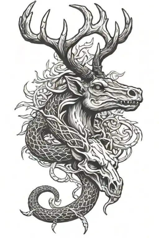 Snake Coiled On Elk Skull With Antlers