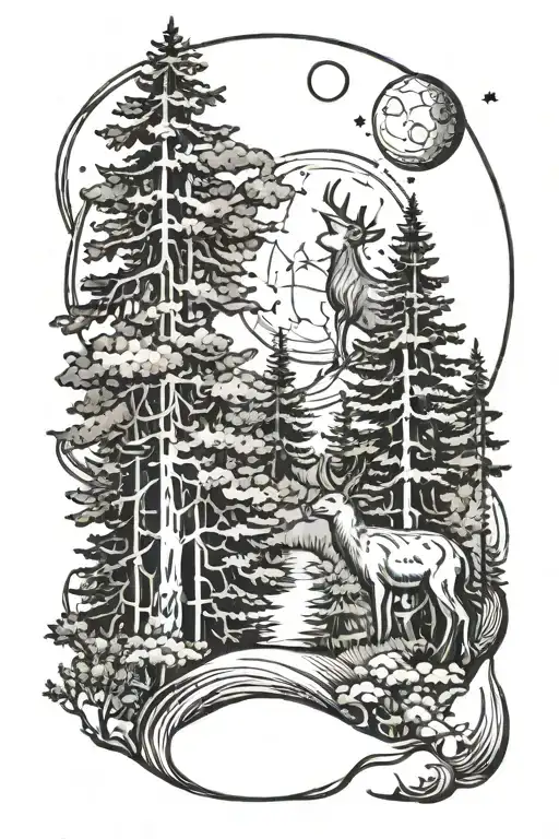 Forest With Deer And Wolf Howling At The Moon