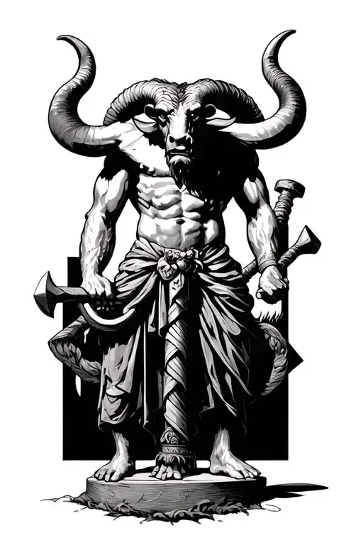 Greek Minotaur Hammer In Hand Standing Tall Amidst Sad