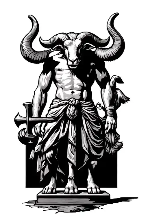 Greek Minotaur Hammer In Hand Standing Tall Holding Goat