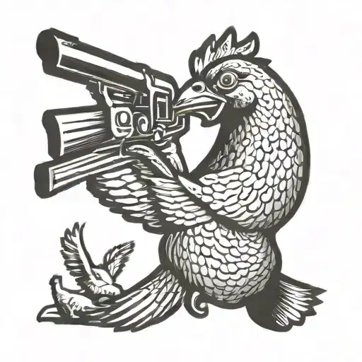 Chicken With A Gun Shooting A Duck Flying