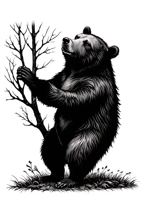 Bear Standing On Hind Legs Pawing At A Tree Made