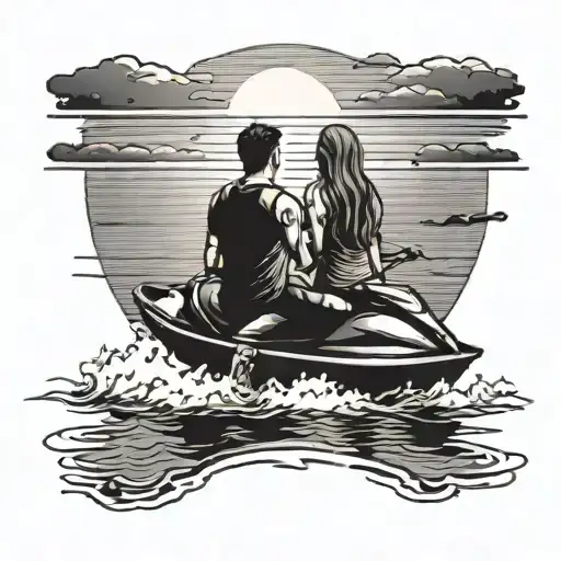 Rear View Of Guy And Girl On Separate Seadoos On The Water Looking Out Into The Sunset
