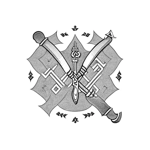 A Blackwork Tattoo Of A Firefighter's Axe Surrounded By Hebrew Scripture And Nordic Patterns