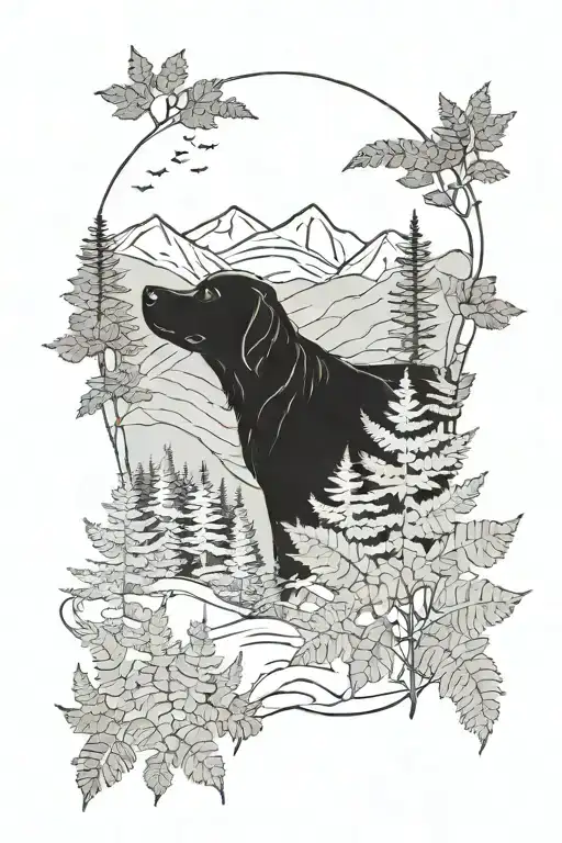 Black Dog In A Forest With Fern And Mountains