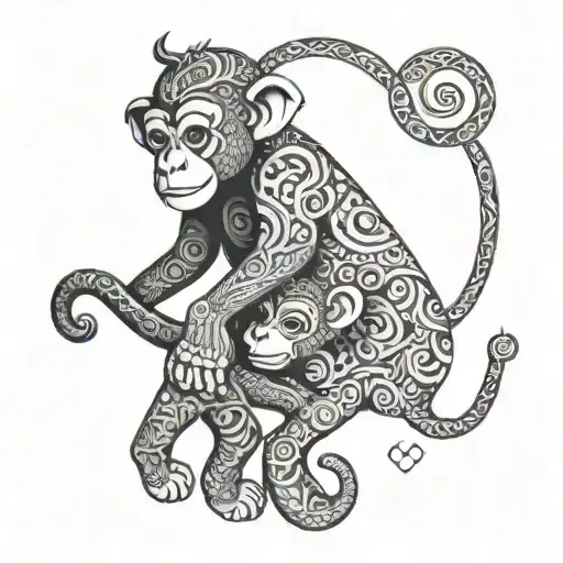 A Playful Design Featuring A Monkey And Elephant Hugging Each Other In A Blackwork Style
