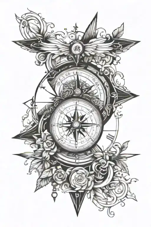 Compass Rose On Clock And Arrow