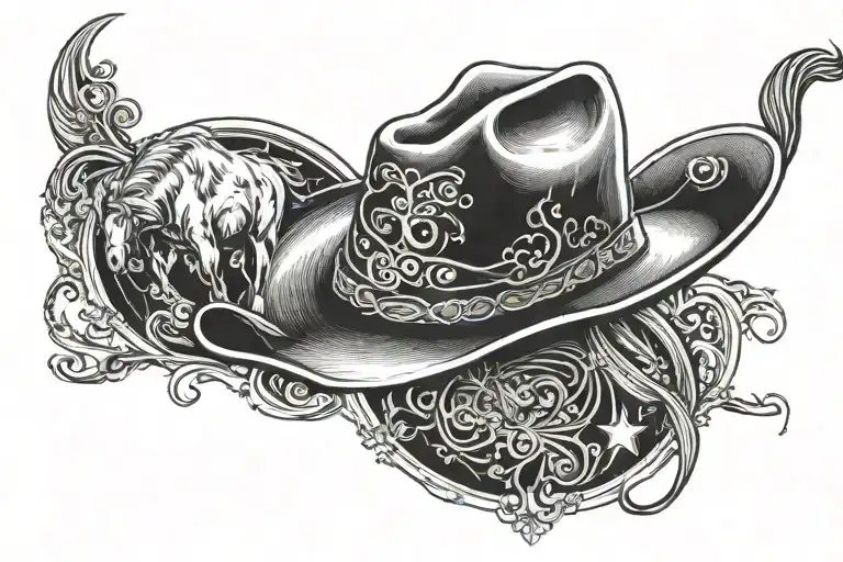 A Unique Blackwork Tattoo Of A Cowboy Hat With A Silhouette Of A Bull And A Bucking Horse Inside