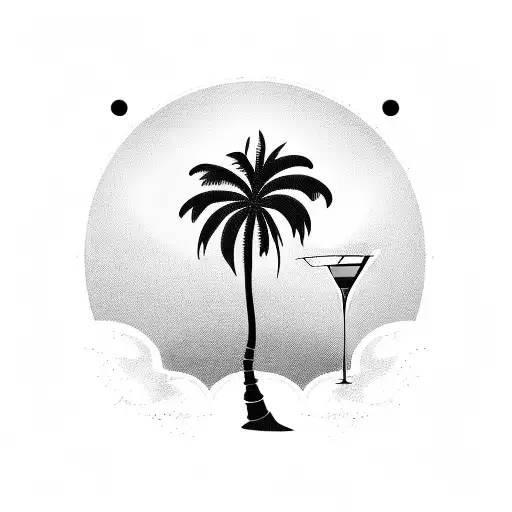 Palm Tree With A Sunset On The Background And A Martini Glass On The Front