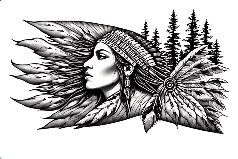 Wilderness And American Pride Themed Forearm Half Sleeve Tattoo With Female Native Face