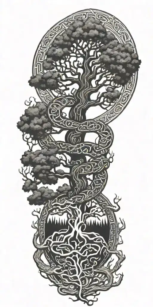 Yggdrasil With Jormungandr Tree Norse Runes