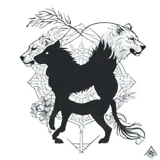 A Blackwork Tattoo Of A Lion And Wolf Facing Off In A Nature-inspired Design