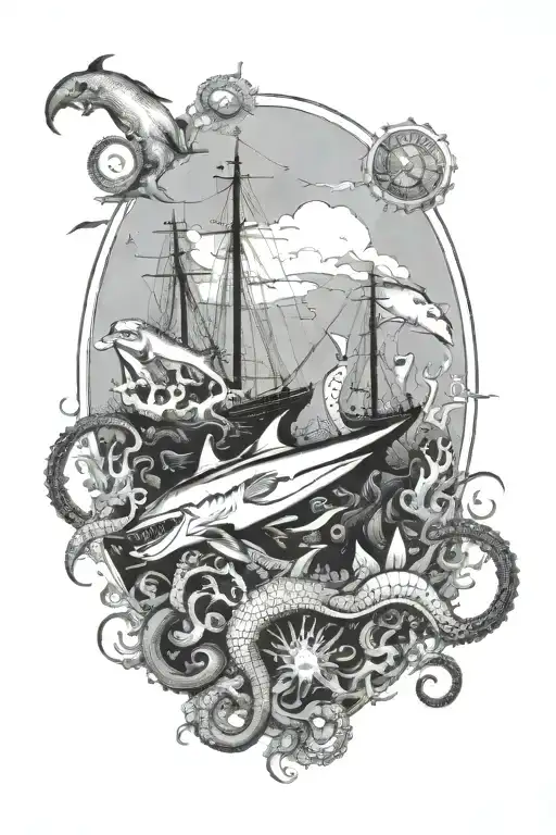 A Ocean Scene With A Big Octopus And A Shark And Fishes