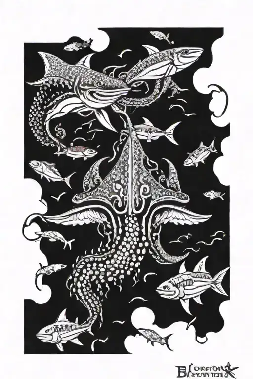 A Ocean Scene With A Big Octopus And A Shark And Fishes