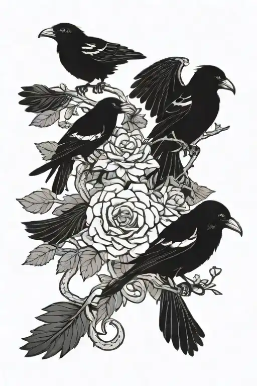 Crows With Flowers And Snake