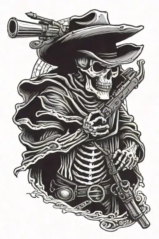 Skeleton Cowboy Wearing A Poncho Holding A Shotgun