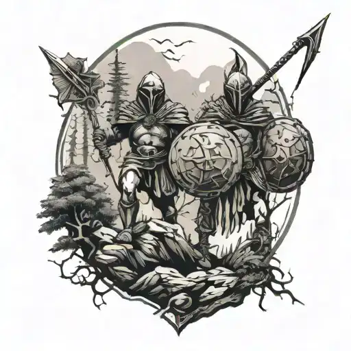 2 Spartans With A Shield And Spear Walking To The Forest With Scary Monsters In The Forest