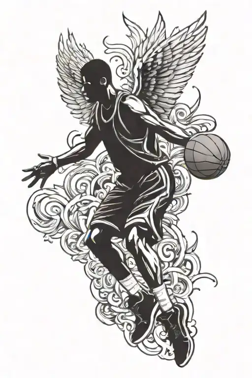 A Basketball Player Silhouette Dunking A Basketball With Angel Wings On His Back