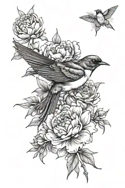 Barn Swallow Bird With Peonies
