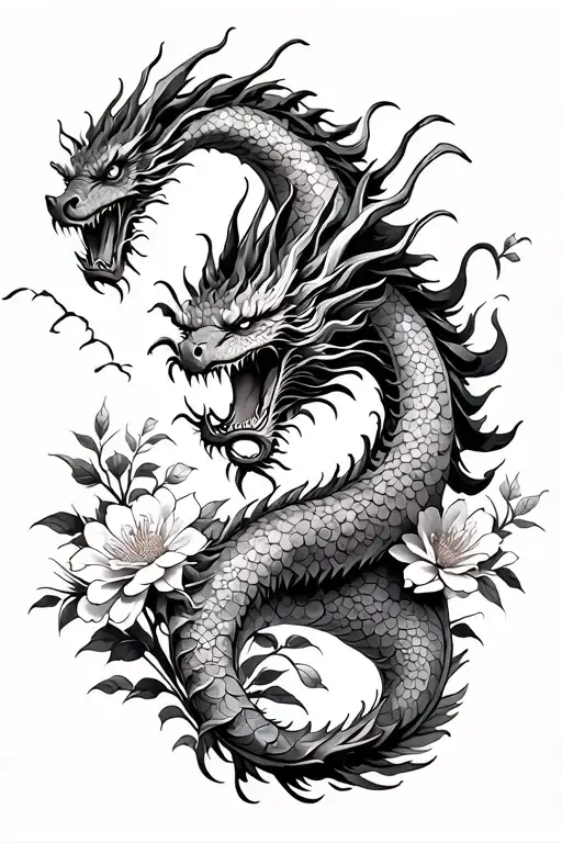 Dragon Y Leon Oriental Dragon Surrounded By Blooming