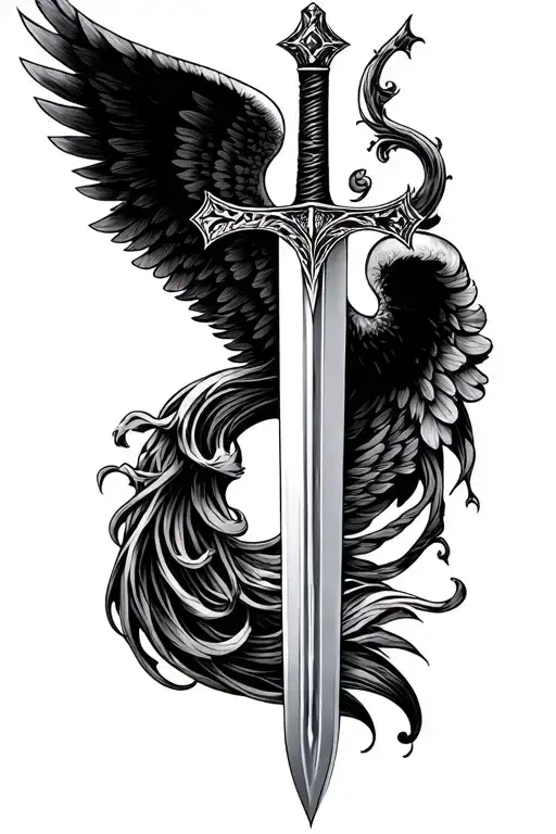 Sword With Hilt Of A Cross Tattoo And Wings Coming