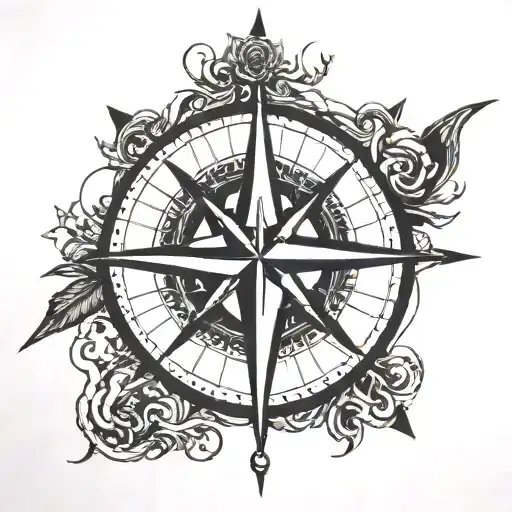 A Unique Blackwork Tattoo Of A Compass Rose With Fishing Hooks As The Cardinal Directions