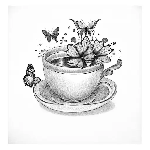 Old Book Tea Cup And Butterflies And Flowers