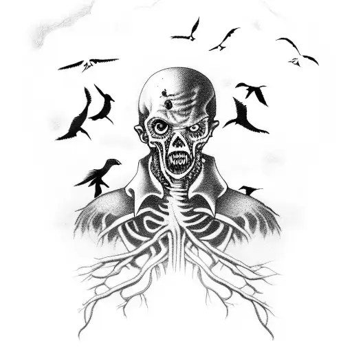 Portrait Of Zombies In A Graveyard With Crows Flying Around