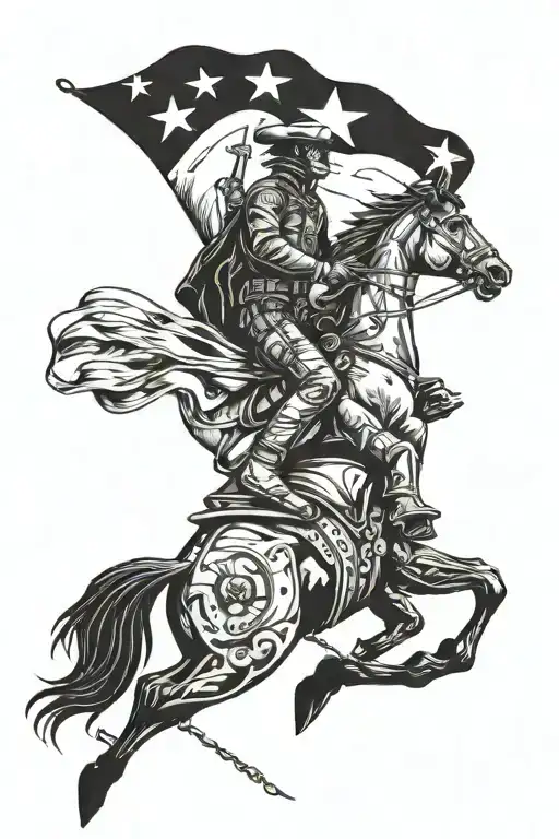 Futuristic Cowboy Riding A Cybernetic Horse While Holding A Glowing Texas Flag